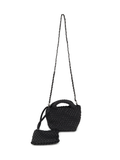 Black woven handbag with a chain strap on a white background