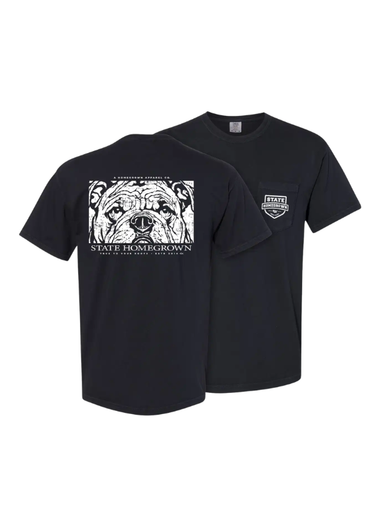 White bulldog on a black tee