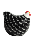 Ceramic chicken-shaped container with black and white pattern on a white background