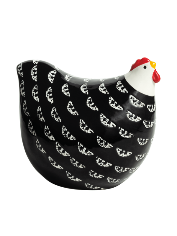 Ceramic chicken-shaped container with black and white pattern on a white background