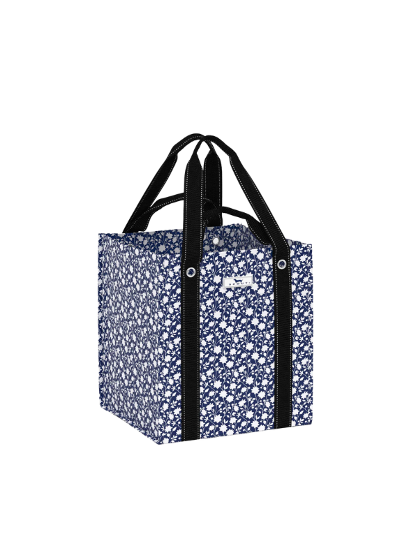 Navy blue and white floral patterned tote bag for travel with handles