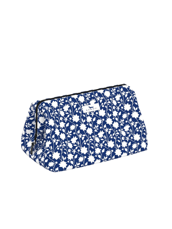 Blue and white floral patterned makeup and toiletry bag with zipper