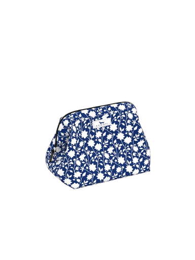 Navy blue and white floral patterned makeup and toiletry bag with zipper closure