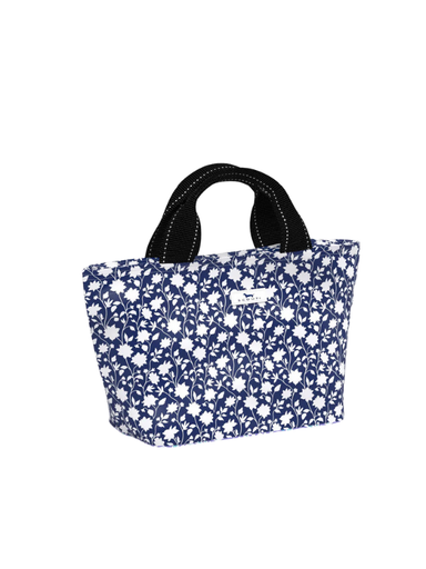 Navy blue and white floral patterned insulated lunch box tote cooler