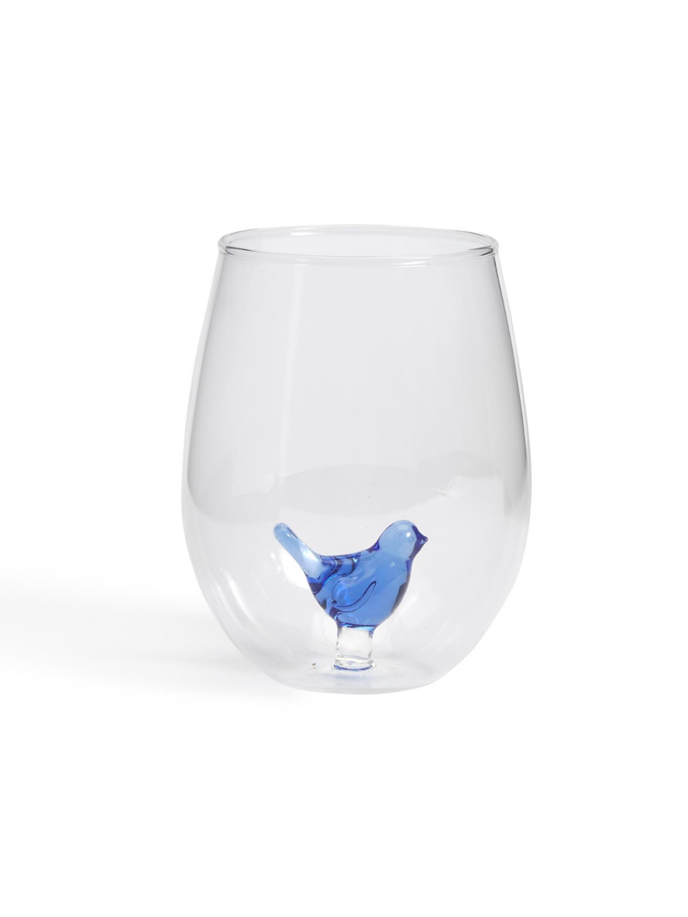 A clear stemless wine glass with a small blue bird sculpted into the base.