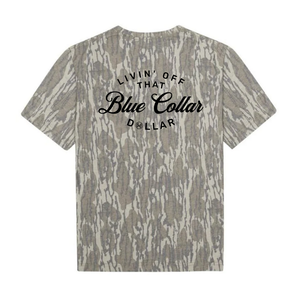 Camo tee with Blue colllar dollar wrote on the back