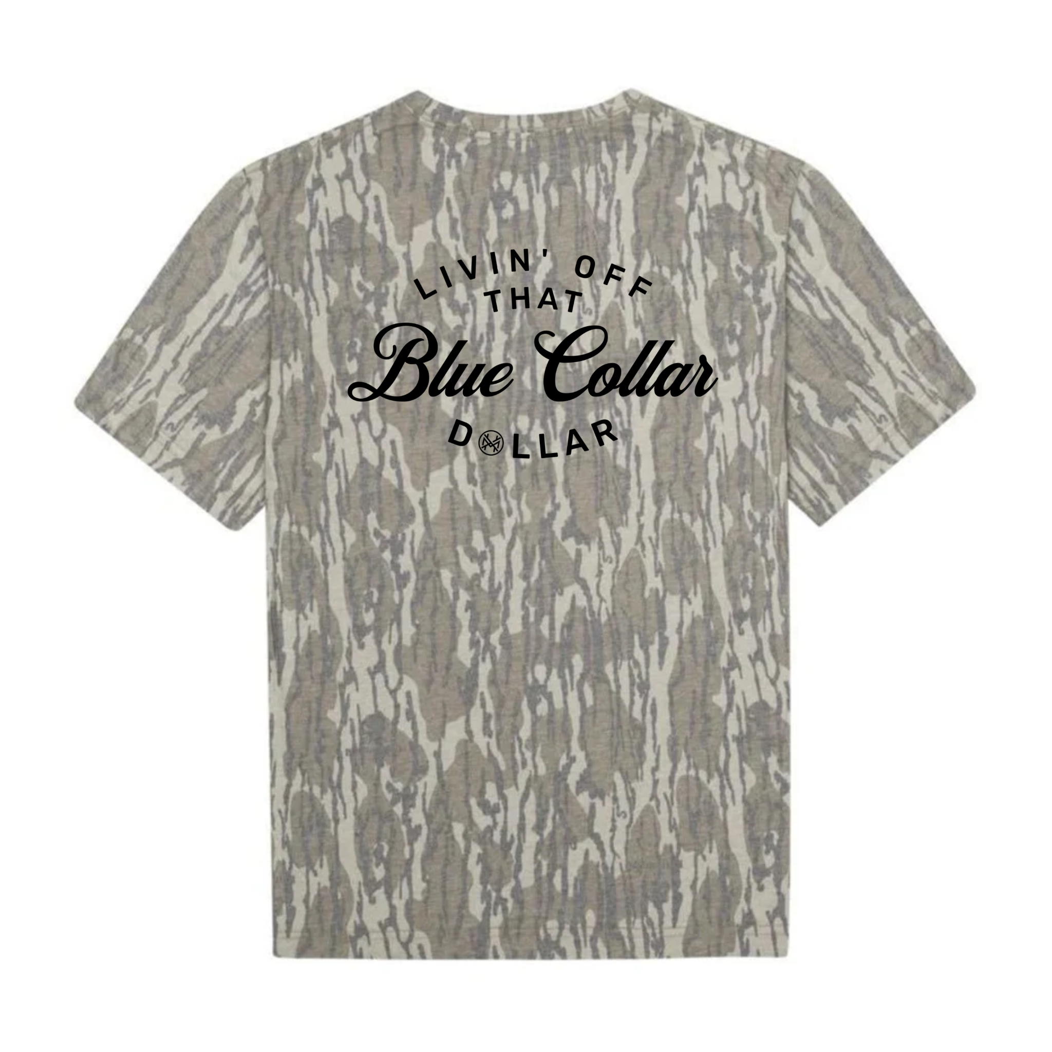 Camo tee with Blue colllar dollar wrote on the back
