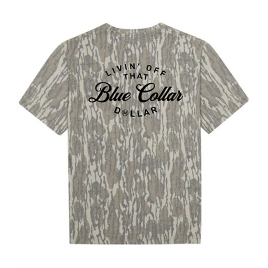 Camo tee with Blue colllar dollar wrote on the back