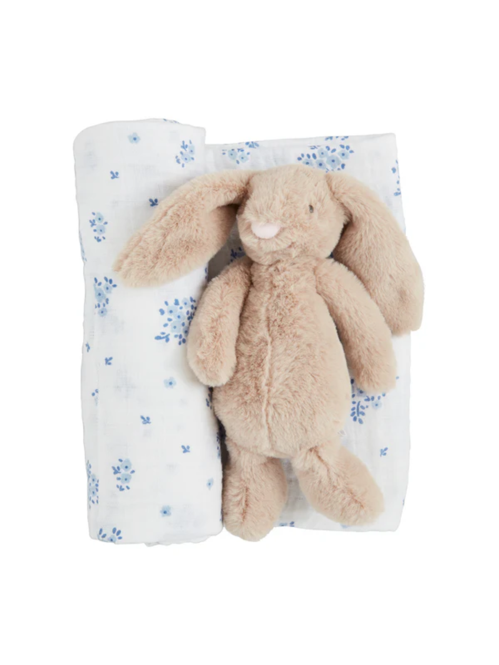 Blue Floral Swaddle Rattle with bunny by Mudpie