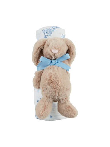 Blue Floral Swaddle Rattle with bunny by Mudpie