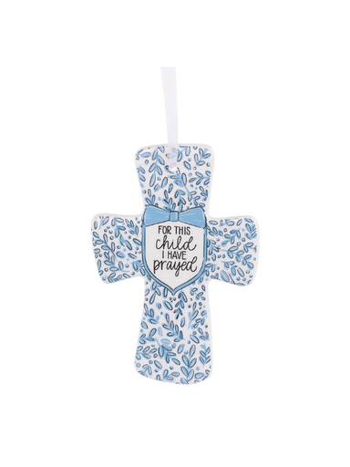 Decorative blue and white floral cross with a bow and text on a white background