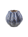 A small decorative ceramic vase with a textured, ribbed surface and finished in a glossy dark blue glaze 