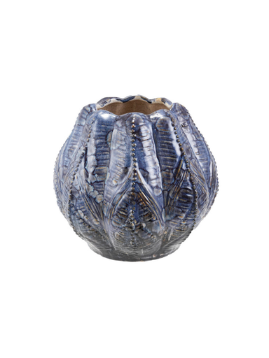 A small decorative ceramic vase with a textured, ribbed surface and finished in a glossy dark blue glaze 