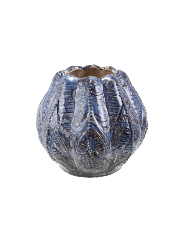A small decorative ceramic vase with a textured, ribbed surface and finished in a glossy dark blue glaze 