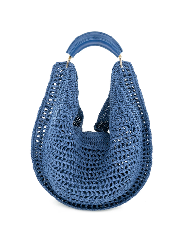 Blue woven handbag on a white background