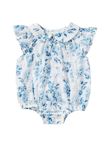 Delicate baby romper onesie blue and white chinoiserie print patterned bubble mudpie