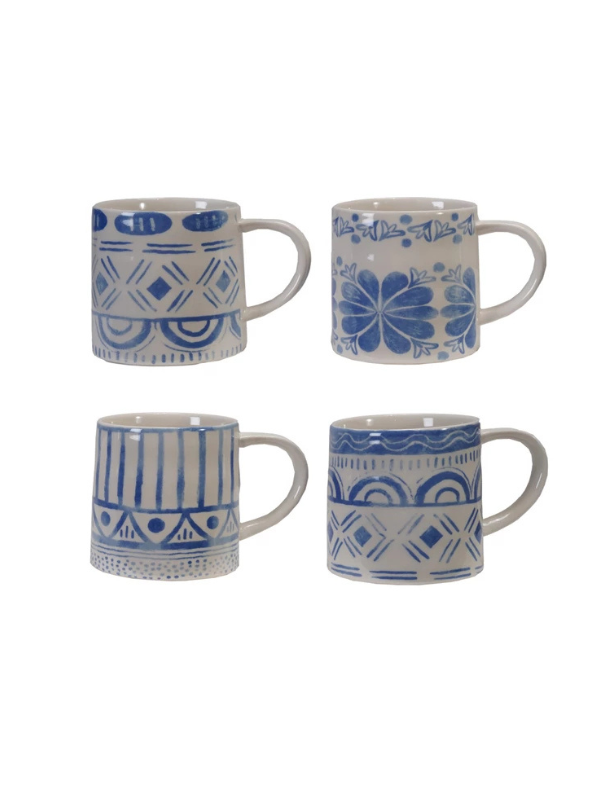 Blue & White Stoneware 14oz Mug with Tile Pattern 4 styles
