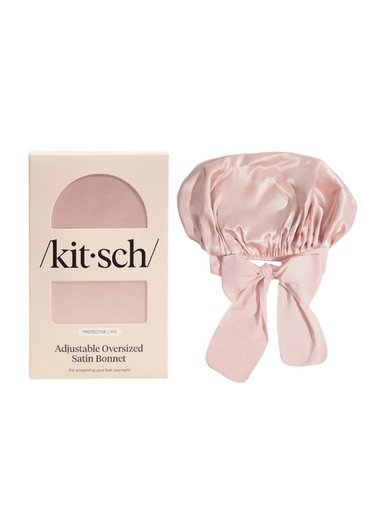 Blush oversized satin bonnet by Kitsch, designed for hair care while sleeping
