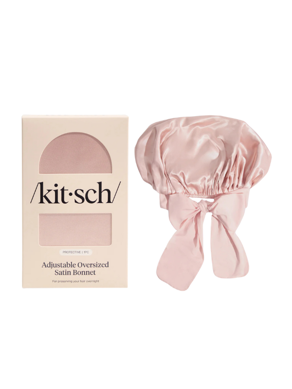 Blush oversized satin bonnet by Kitsch, designed for hair care while sleeping