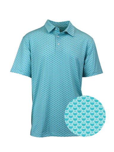 aqua blue polo with bobbers on it 