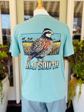 colorful quail pocket tee on seafoam shirt