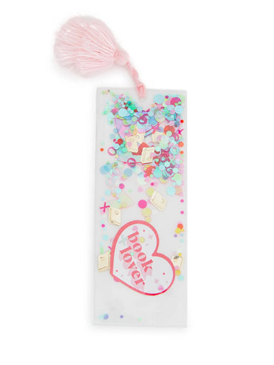 Colorful bookmark with 'book lover' text and a pink pom-pom on a white background