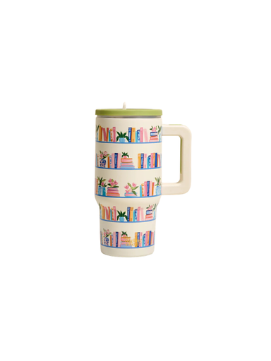 tumbler cup with books on it