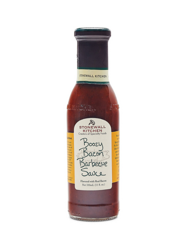 Bottle of Stonewall Kitchen Boozy Bacon Barbeque Sauce on a white background