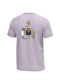 purple shirt with bottle on back with lime and shot galsses