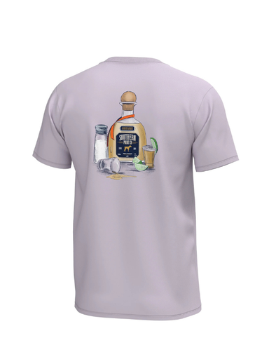 purple shirt with bottle on back with lime and shot galsses