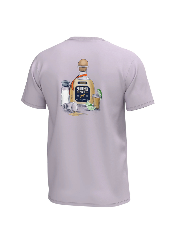 purple shirt with bottle on back with lime and shot galsses
