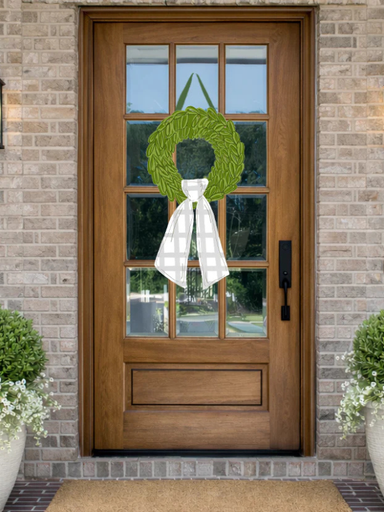 Boxwood Wreath With gray Plaid Ribbon Door Hanger