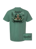Green cotton tee with a boykin in a truck and hunting gear