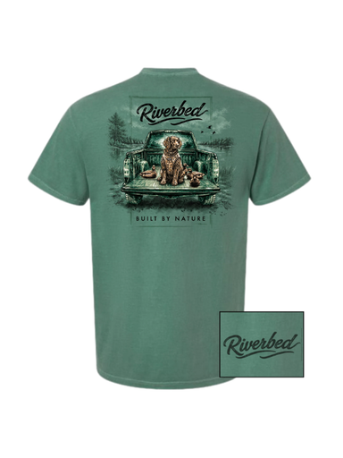 Green cotton tee with a boykin in a truck and hunting gear