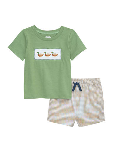 Boys Smocked Duck Short Set toddler outfit nature outdoors checkered gingham green and brown