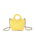 Yellow textured handbag with a chain strap on a white background