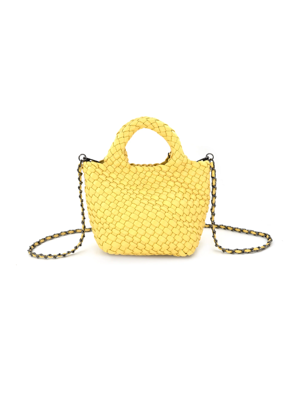 Yellow textured handbag with a chain strap on a white background