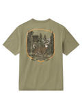 Olive tee with a deer and deer stand on the back 