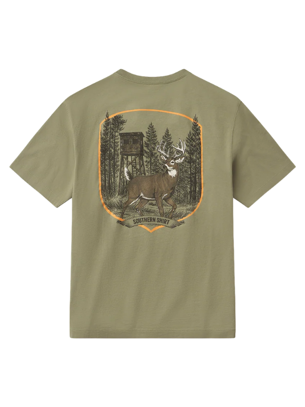 Olive tee with a deer and deer stand on the back 