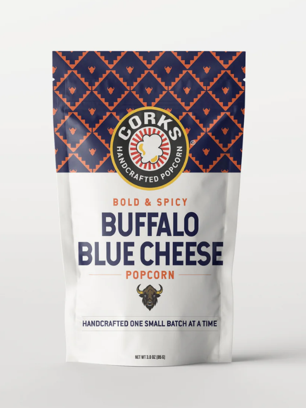 Corks Handcrafted Popcorn Buffalo Blue Cheese popcorn bag on a white background