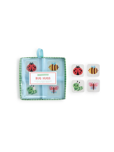 Bug Hugs baby lovey locks in a light blue fabric pouch with a green gingham border, shown next to four individual lovey locks featuring ladybugs, a bee, a caterpillar, and a butterfly on a white background.