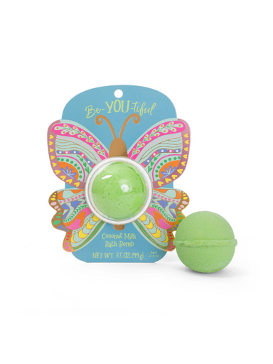 Green bath bomb in butterfly packing with Be-YOU-tiful note on it