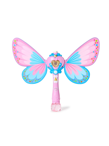 A pink and blue butterfly-themed toy wand with large wing-shaped sides, a heart-shaped chest piece, and a pink handle.