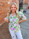 Floral green and pink top with elastic arms