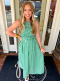 Green and white striped midi dress with smocking 