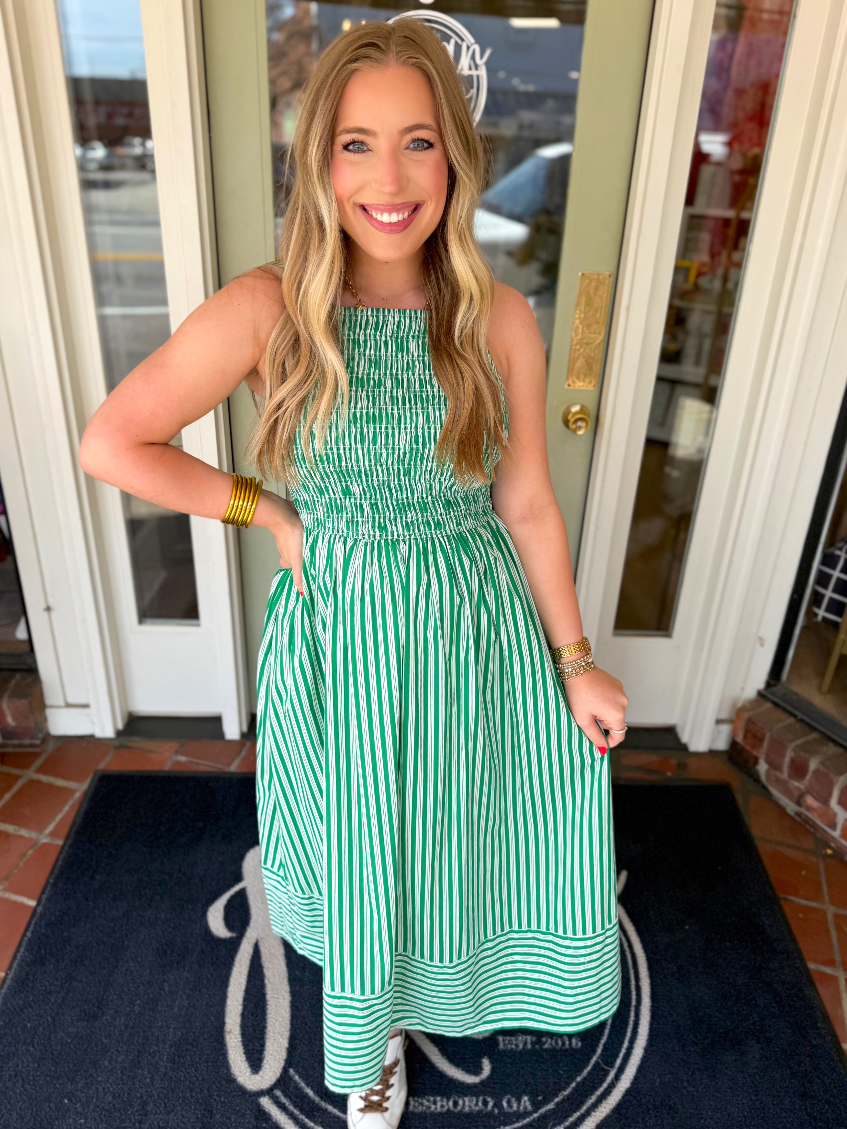 Green and white striped midi dress with smocking 