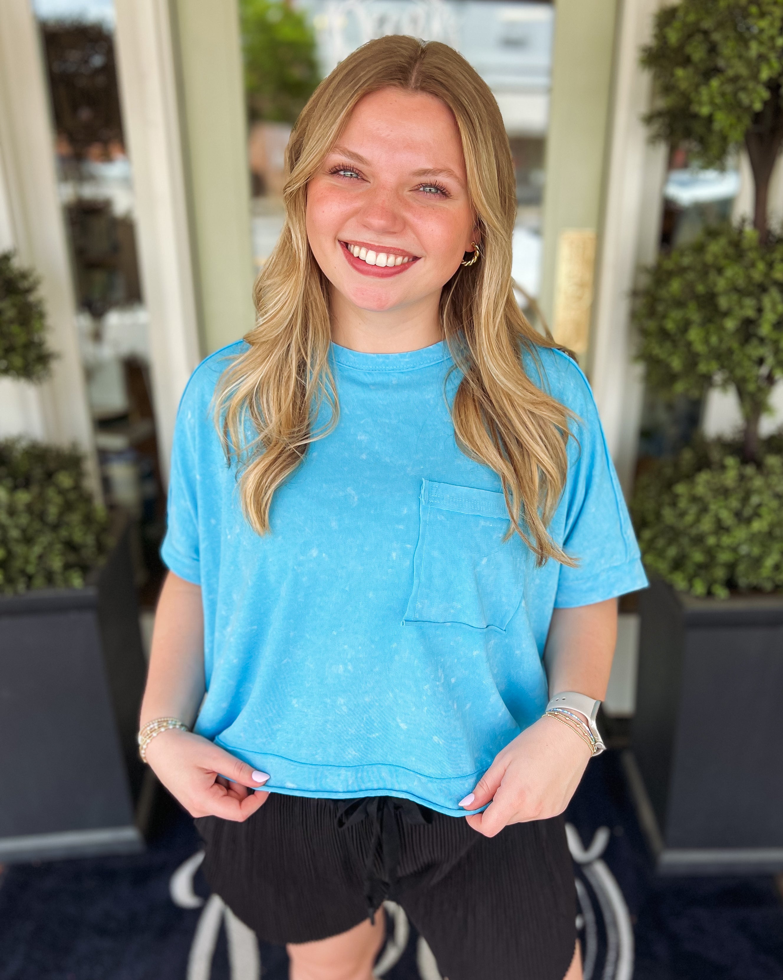 The Layla Cropped Tee in Aqua Blue — Pecan Row