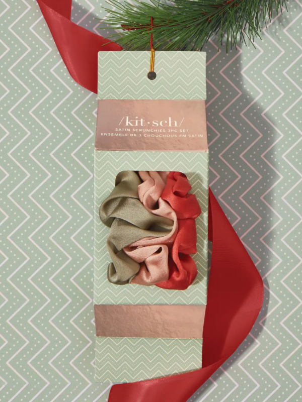 Holiday Ornament Satin Scrunchie Set in Pinksettia by Kitsch