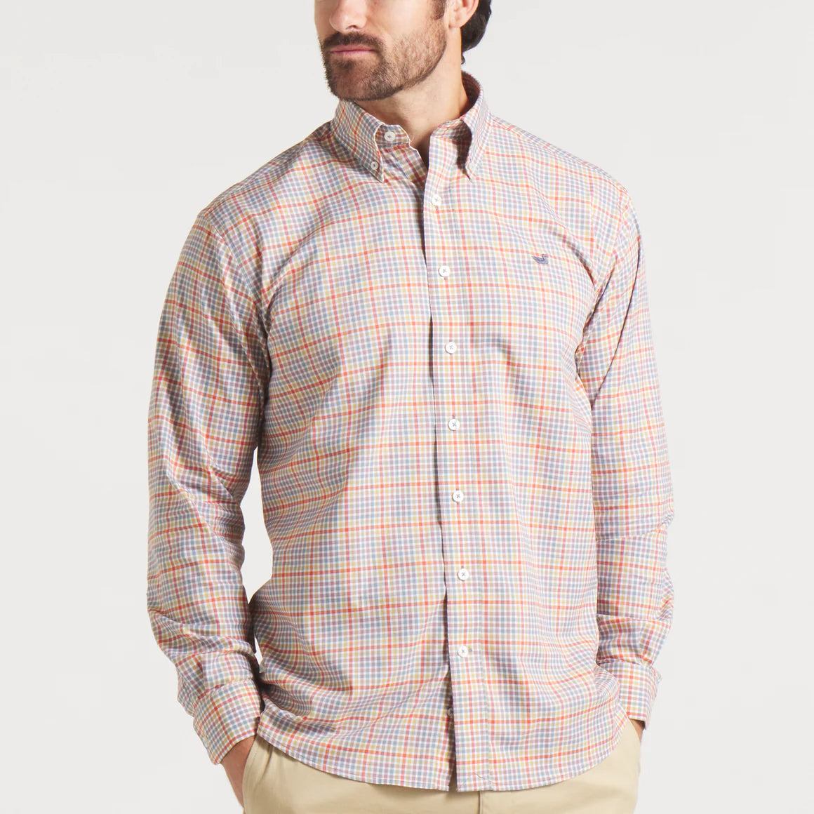 Baker Performance Gingham Dress Shirt in Burnt Red & Sage by Southern Marsh