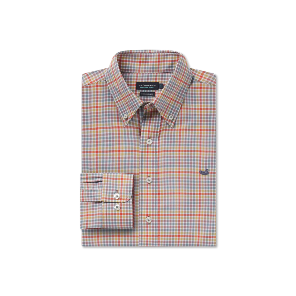 Baker Performance Gingham Dress Shirt in Burnt Red & Sage by Southern Marsh